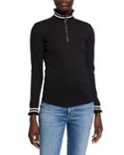 Zip-front Long-sleeve Striped-trim Turtleneck Top