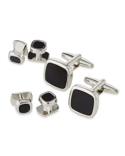 Square Cuff Links & Shirt Studs Set, Silvertone/black