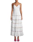 Sleeveless V-neck Tiered Cotton Maxi Dress W/ Multicolor Pompom Trim