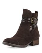 Porto Buckle Suede Bootie, Dark Brown