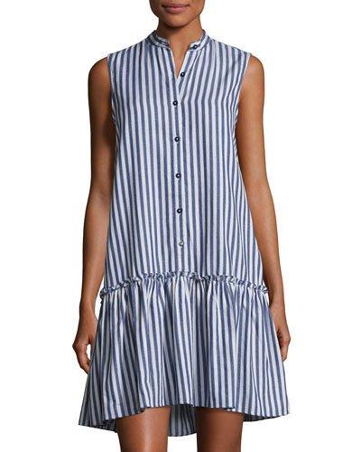 Striped Flounce-hem Cotton Dress, Blue Pattern