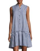 Striped Flounce-hem Cotton Dress, Blue Pattern