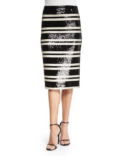 Sequined Striped Pencil Skirt, Black/white