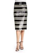 Sequined Striped Pencil Skirt, Black/white