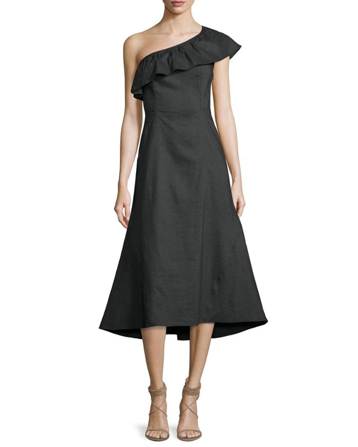 Evangeline Flared One-shoulder Dress, Black