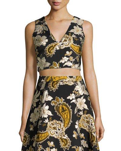 Sleeveless Paisley Embroidered Crop Top, Black/gold