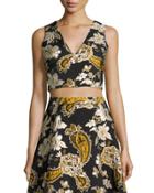 Sleeveless Paisley Embroidered Crop Top, Black/gold
