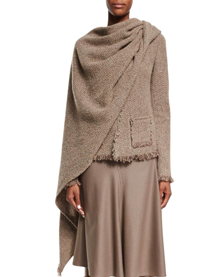 Fringe-trim Jacket W/scarf, Taupe