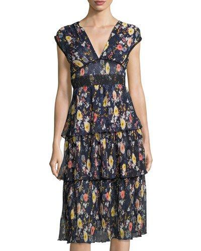 Floralia Tiered Midi Dress, Blue Pattern