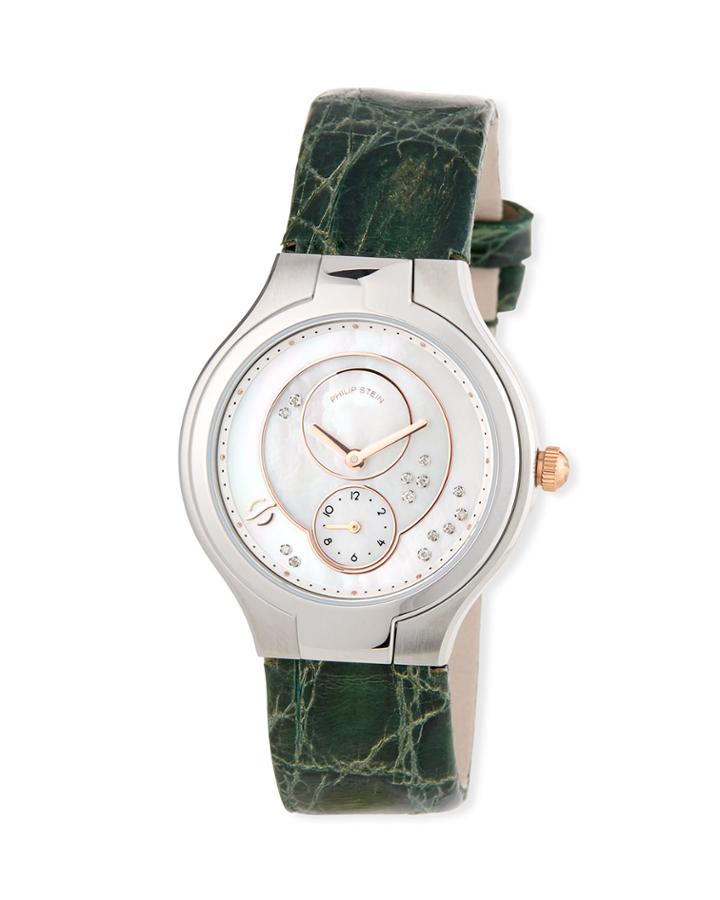 Classic Round Watch W/ Diamonds & Leather