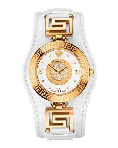35mm V-signature Watch W/ Pave Diamond Dial & Leather Strap, Golden/white