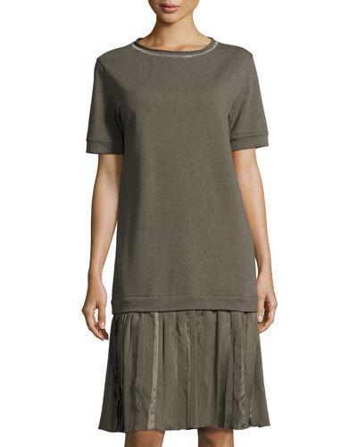 Short-sleeve Combo Pleated Dress, Green