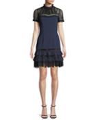 Lace Mock-neck Plisse Tulle Mini Cocktail Dress