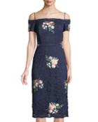 Off-the-shoulder Floral-embroidered Lace Cocktail Dress