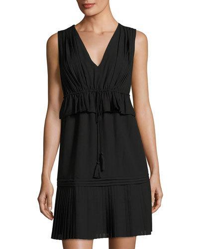 V-neck Drawstring Pleated Dress, Black