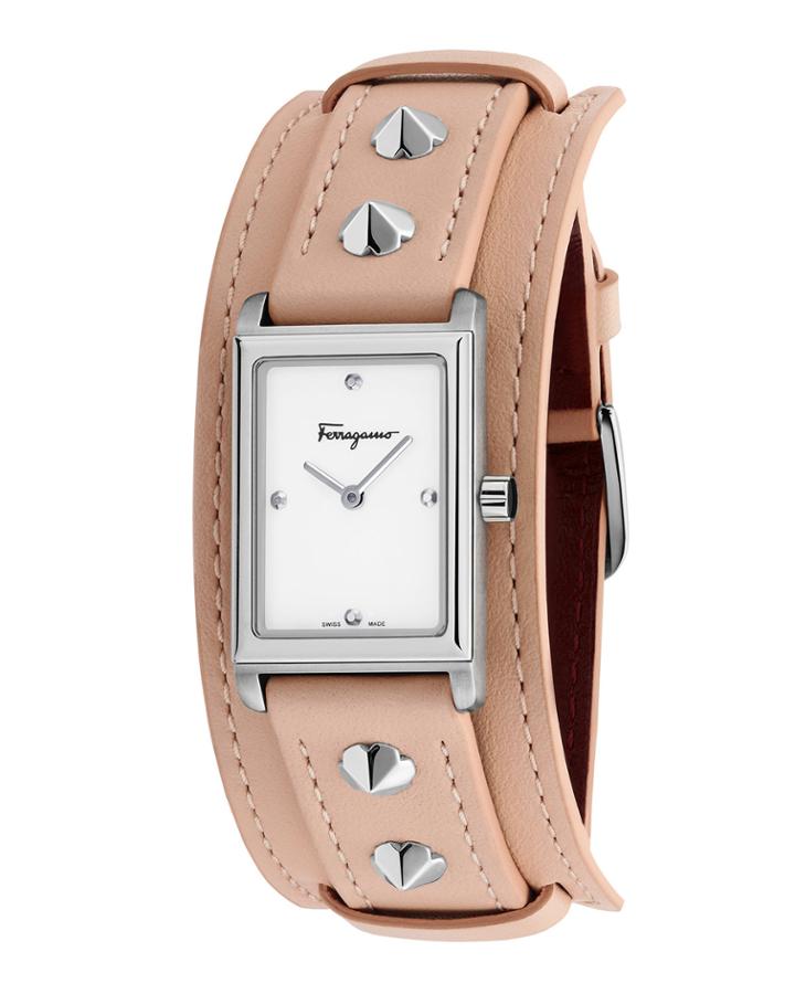 Rectangular Watch With Padded Leather Strap, Pink/silver