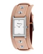 Rectangular Watch With Padded Leather Strap, Pink/silver