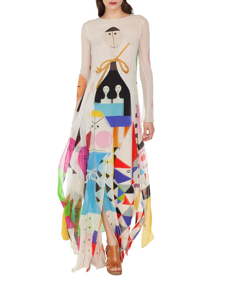 Long-sleeve Doll-face Long Silk Dress W/ Car-wash Hem