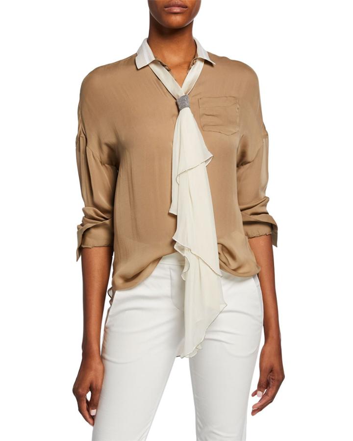 Button-front Blouse W/ Beaded Neck Tie