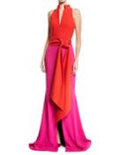 Sleeveless Split-neck Bicolor Draped Crepe Evening Gown