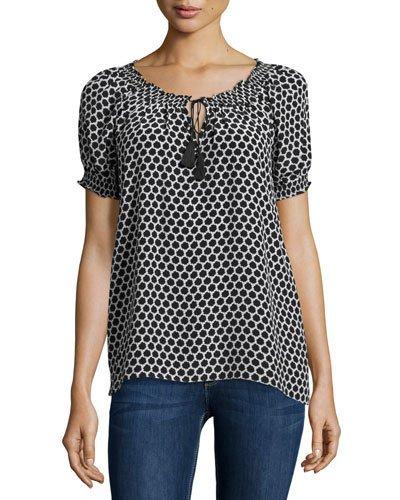 Medallion-print Silk Tassel Top, Caviar/porcelain