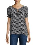 Medallion-print Silk Tassel Top, Caviar/porcelain