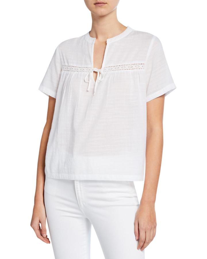 Short Sleeve Split-neck Eyelet Top