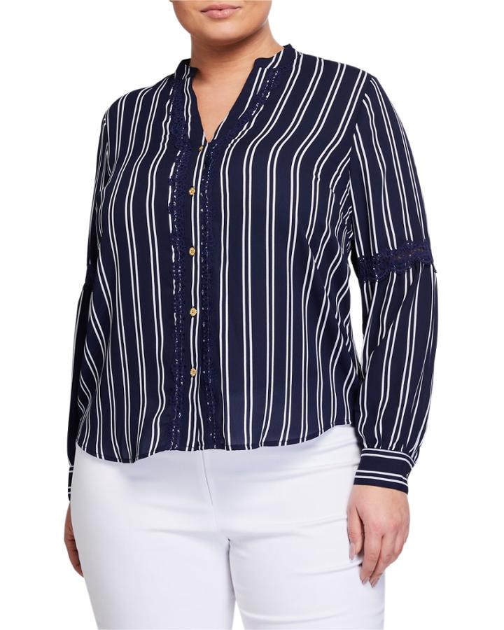 Plus Size Lace-trim Button-down Top