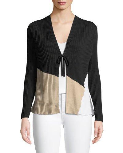 Tie-front Colorblock Plisse Cardigan
