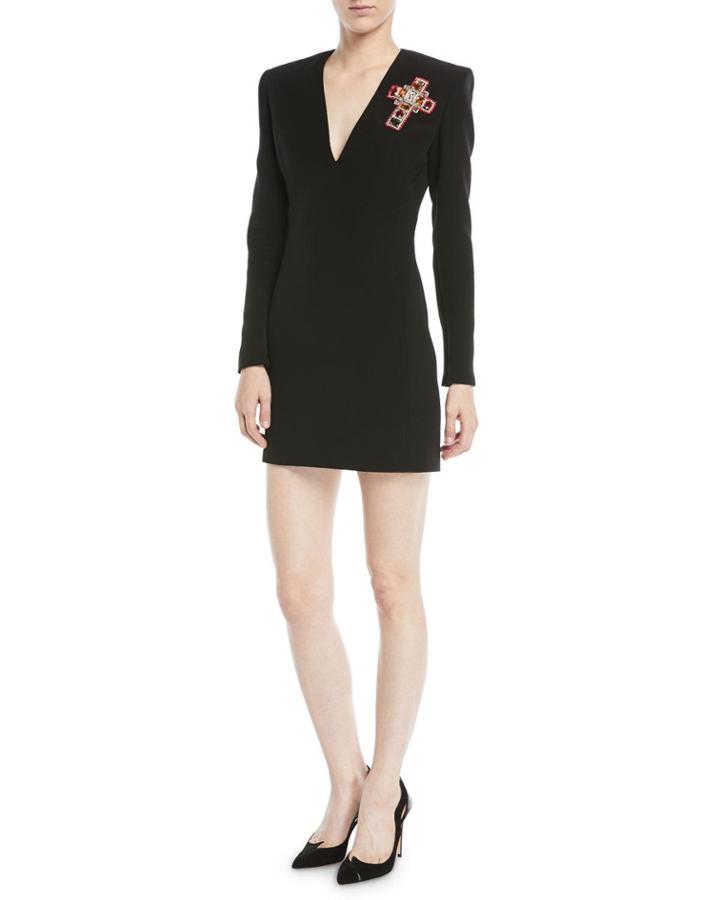 Deep-v Long-sleeve Cross-embellished Silk Cocktail Dress