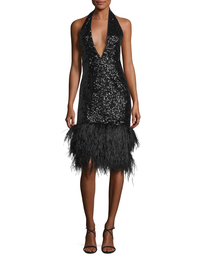 Amelia Plunging Halter Sequined Cocktail Dress