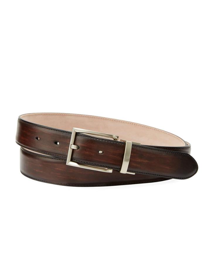 Men's Streak Leather Square-buckle Belt