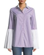 Pleated Button-front Striped Cotton
