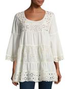 Bell-sleeve Eyelet Tiered Tunic, Beige