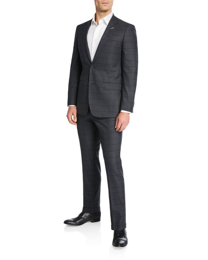 Men's Slim-fit Bicolor Windowpane Wool Two-piece Suit With Wide