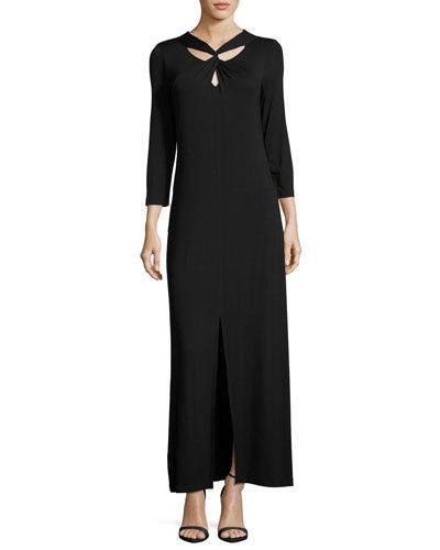 3/4-sleeve Twist-front Maxi Dress, Black