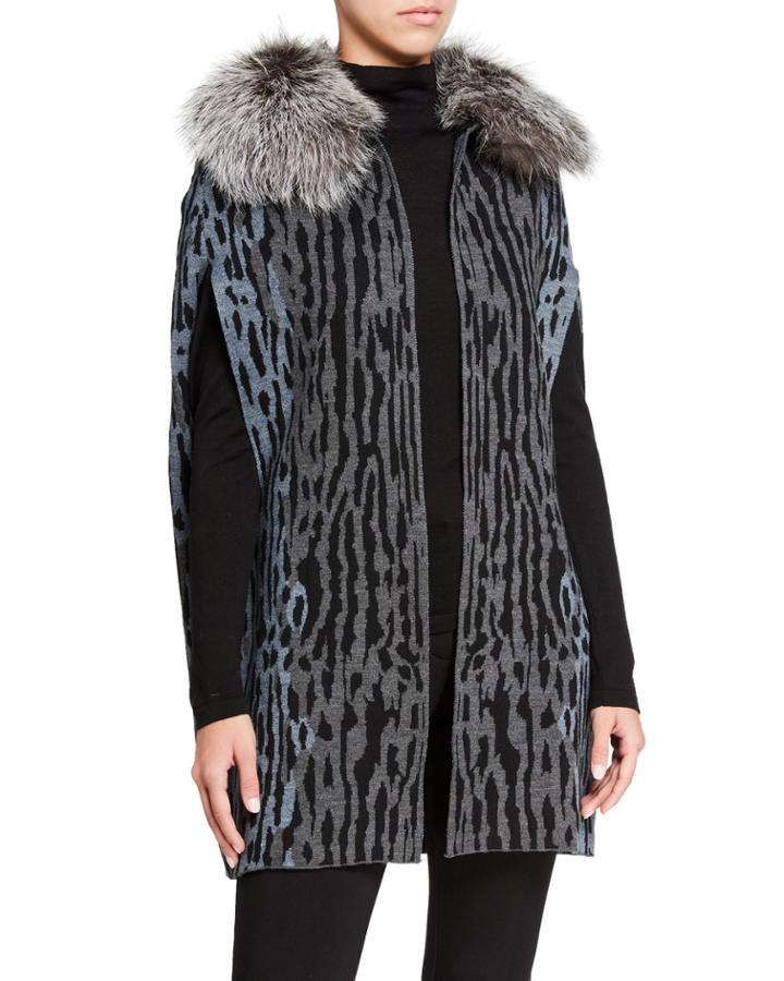 Printed Sweater Cardigan With Fox Fur Collar