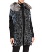 Printed Sweater Cardigan With Fox Fur Collar