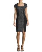 Short-sleeve Geometric-jacquard Cocktail Dress, Black