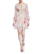 Floral Lace-up Bell-sleeve Dress