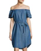 Off-the-shoulder Denim-style Chambray Dress, Blue