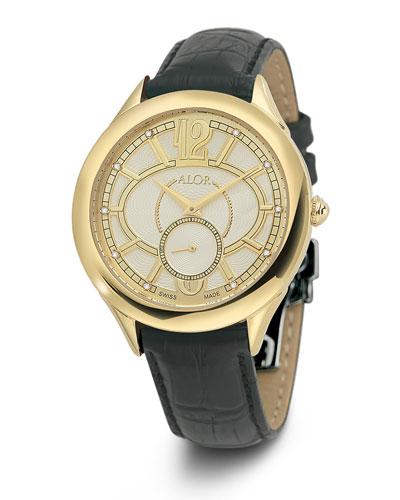 38mm Valenti Watch W/ Diamonds & Leather Strap, Golden/black