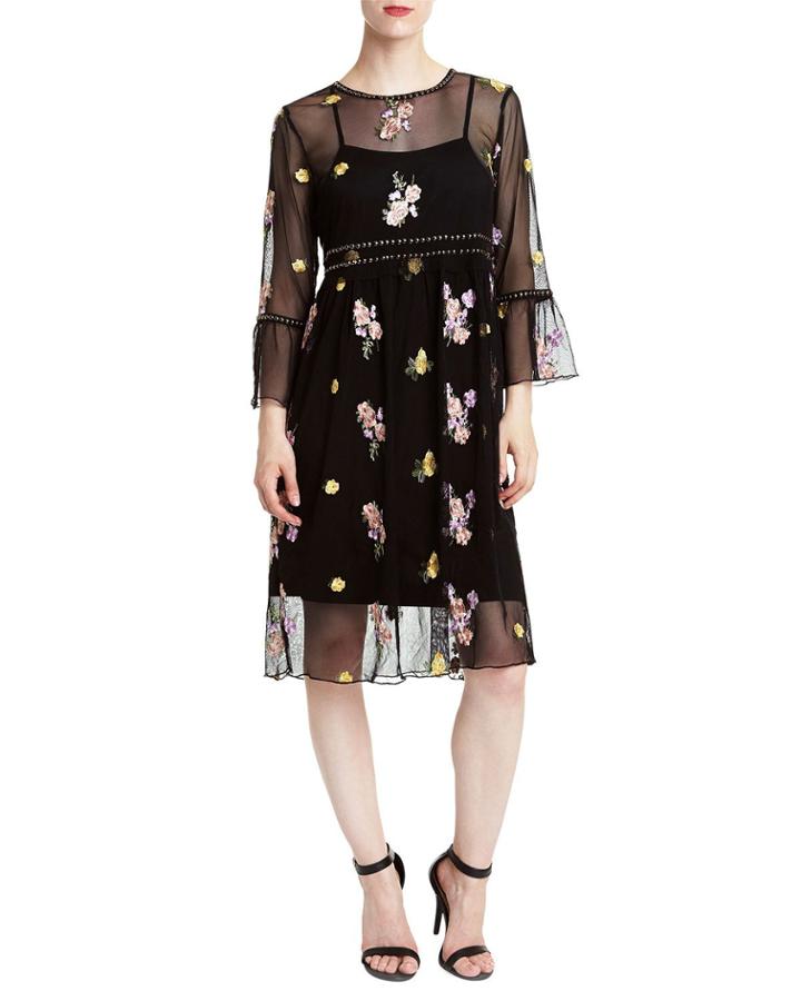 Dome-studded Floral-embroidered Illusion Dress