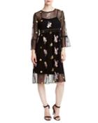Dome-studded Floral-embroidered Illusion Dress