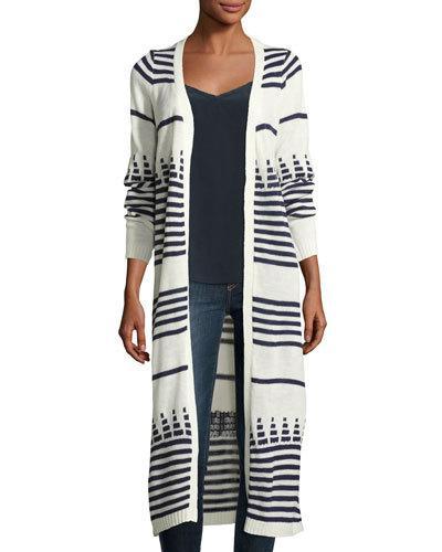 Striped Long Open Cardigan, White/blue