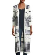 Striped Long Open Cardigan, White/blue
