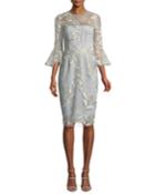 Embroidered Trumpet-sleeve Cocktail Dress