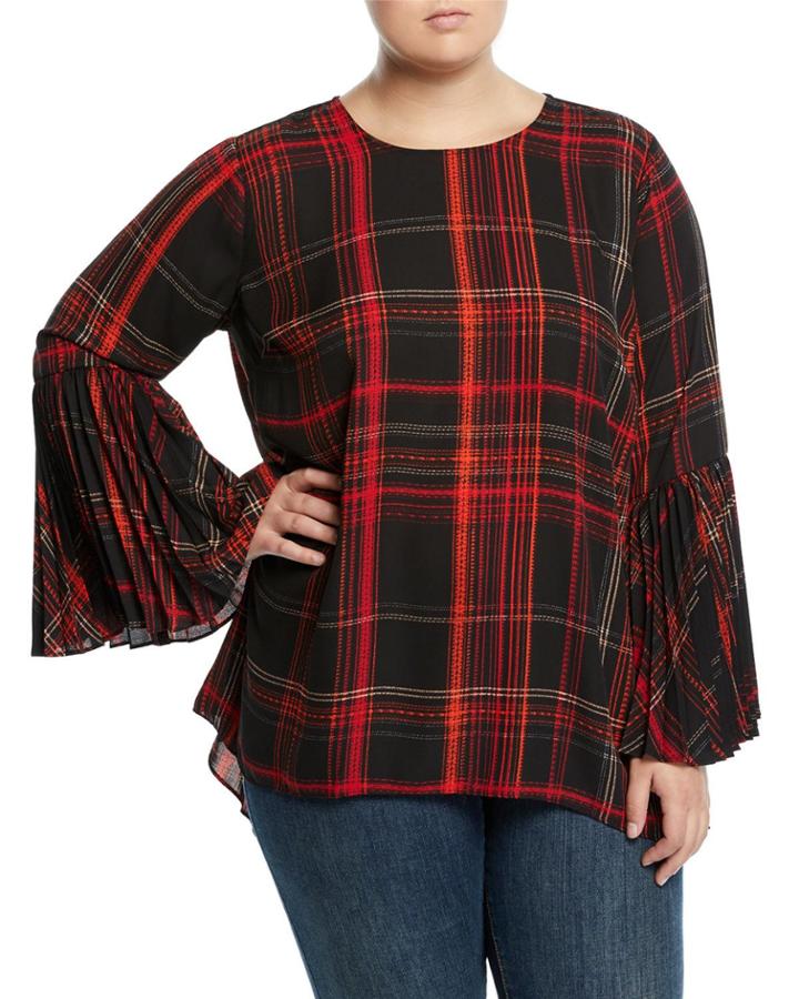 Plaid Pleated Bell-sleeve Blouse,
