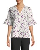 Flared Short-sleeve Floral V-neck Top