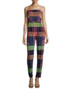 Stripe-print Strapless Jumpsuit, Connector